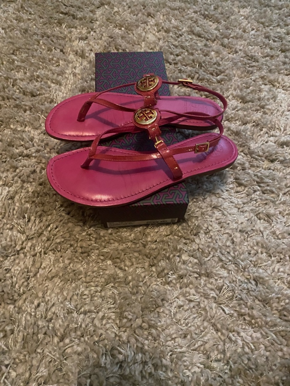 Tory Burch Hot Pink Miller Logo Slingback Sandals with Gold Medallions - Picture 3 of 9